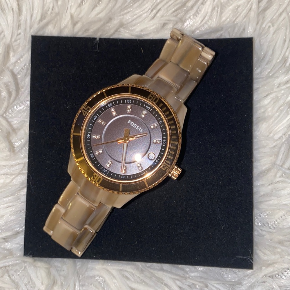 NWOT Fossil ceramic tan marbled watch